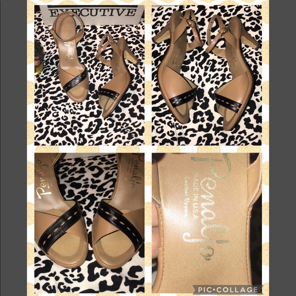 Vintage 70’s Penaljo Tan & Black Peep-Toe Slingback Top-Stitch High Heels